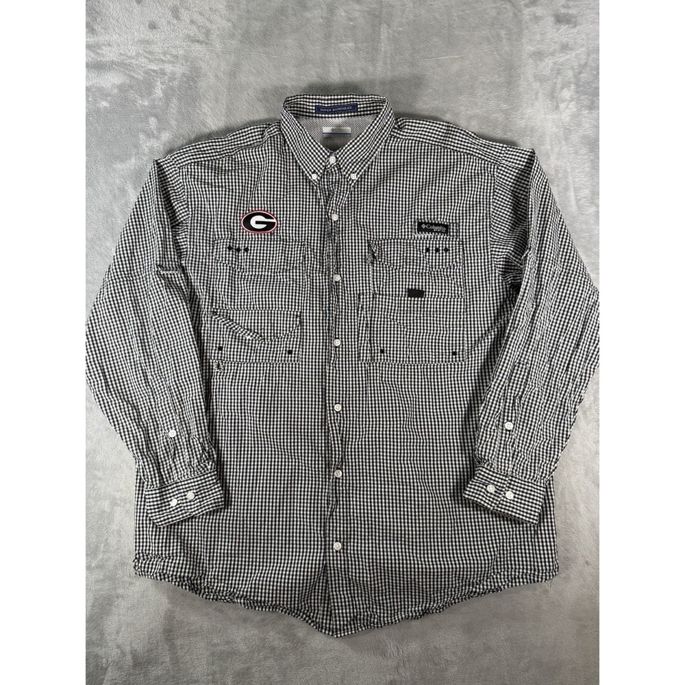 Columbia PFG Georgia Bulldogs Shirt Men's Large Super Bonehead Gingham Button Up